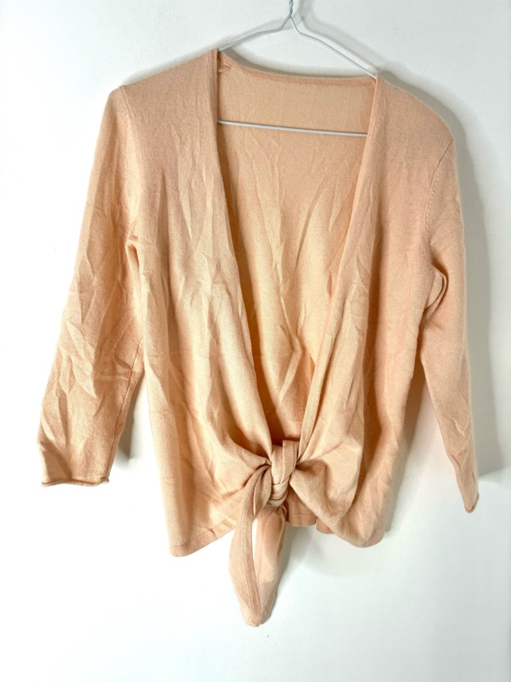 Garnet Hill 100% Cashmere Peach Tie Front Cardigan Soft Lightweight Sweater